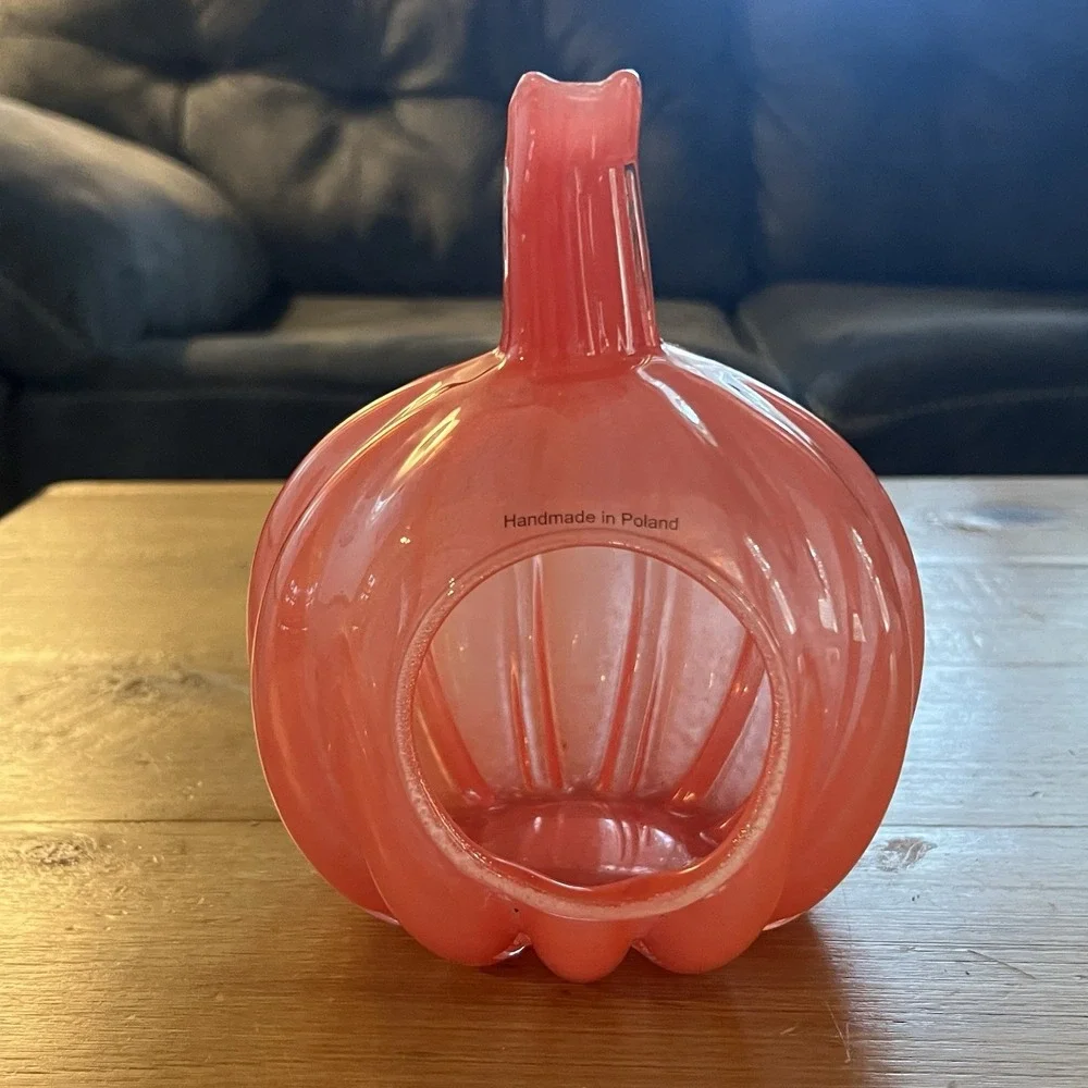 Smith and Hawkin Poland Handmade Art Glass Orange Pumpkin Fall Decor Candle Dish